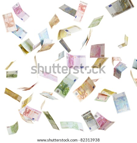 Many flying Euro currency paper money in the air