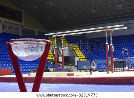 Professional sport stand with talc on gymnastic competition hall