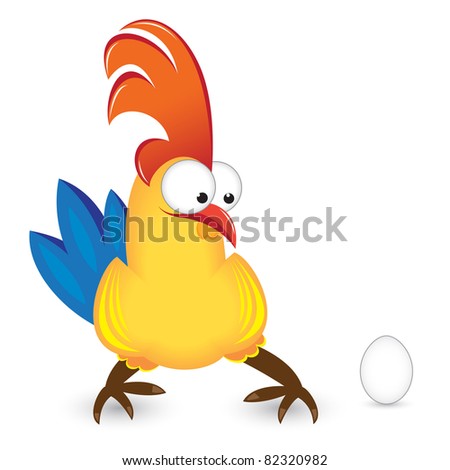 Raster version. Illustration of isolated cartoon Cock with Egg on white background