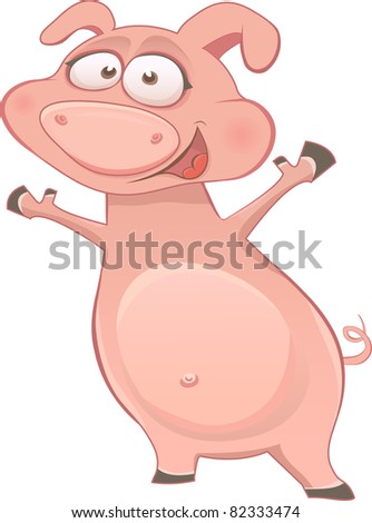 Vector illustration of dancing happy cute pig. Isolated and grouped objects