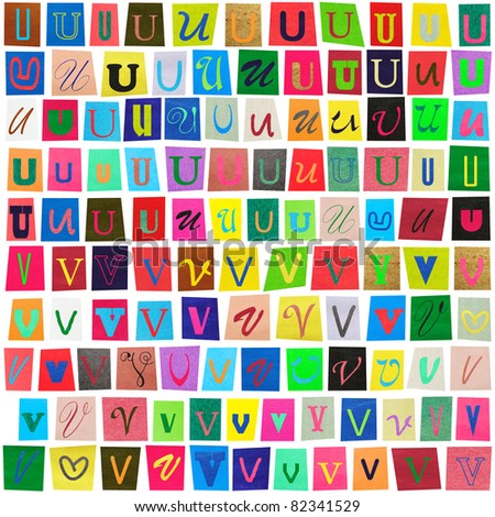 Colorful newspaper alphabet of the letters "U" and "V" isolated on white