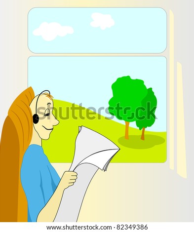 Traveling by train: young man reads newspaper and listens to music, smiling and relaxed, while seating by the window