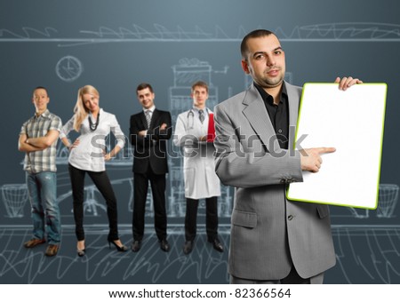 businessman holding empty write board in his hands, and few people