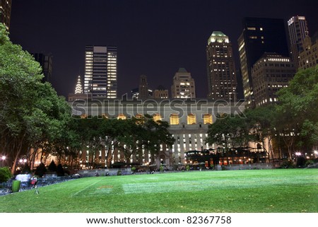 Bryant Park New York City Green Grass Skyline Apartment Buildings Public Library Night