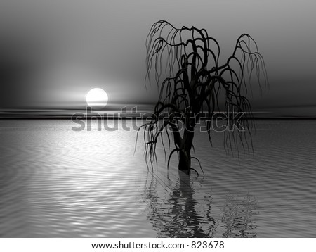 A rendering of a tree in the moonlight