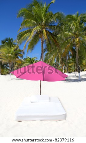 parasol umbrella in tropical beach and mattress with palm trees around [Photo Illustration]