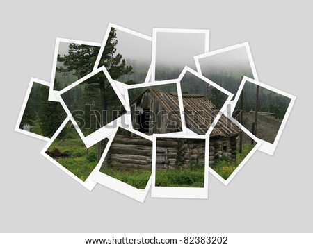 Old house in forest, collage of photos for your design