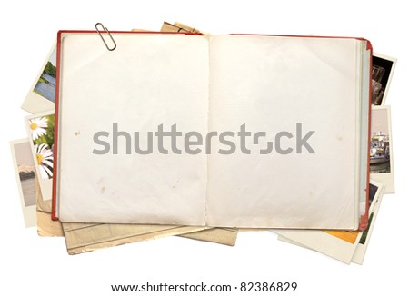 Old book and photos. Objects isolated over white Royalty-Free Stock Photo #82386829