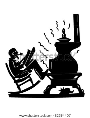 Old Man With Pot Bellied Stove - Retro Clipart Illustration