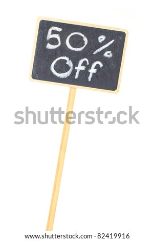 Blackboard display 50% off discount sign isolated on white background