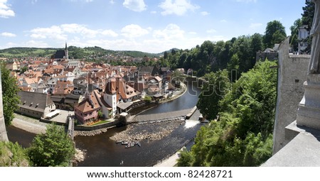 Panorama of the historical part of Cesky Krumlov with Church of St. Vitius, Czech Republic. Picture taken from the Castle.