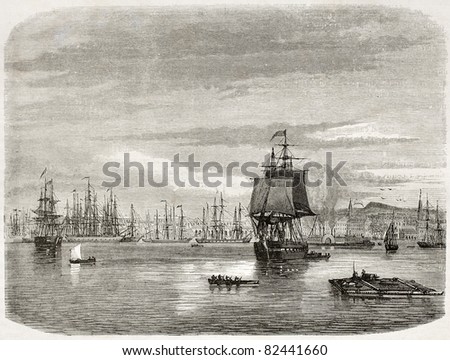 New Orleans port, old view. Created by De Berard after photo of unknown author, published on le Tour du Monde, Paris, 1860