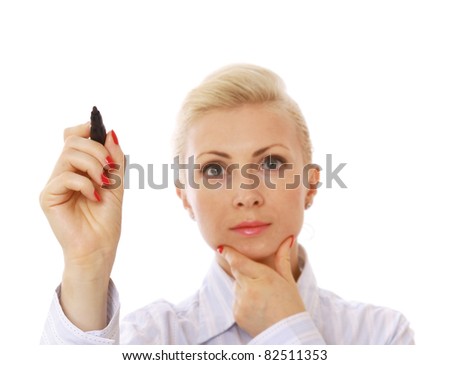 A pensive businesswoman writing with a marker, isolated on white