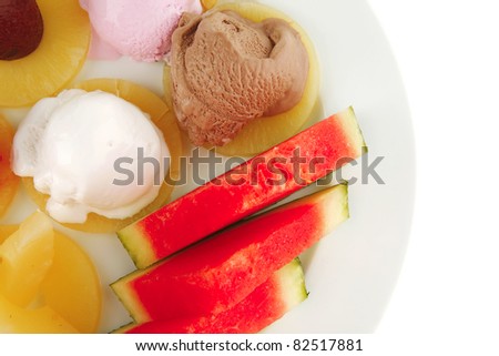 ice cream and fruits on white plate