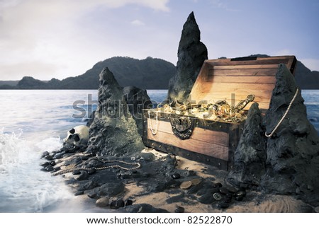 photo of open treasure chest with shinny gold Royalty-Free Stock Photo #82522870