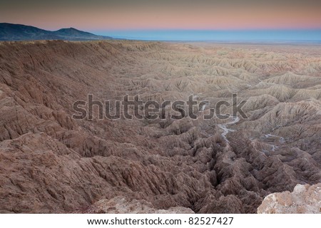 Anza-Borrego badlands with gradient skyline near sunset, california