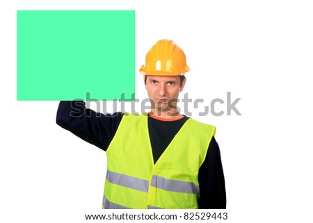 worker with empty publicity frame. Object over white