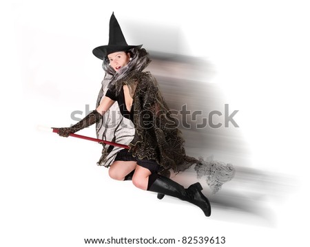 A picture of a witch flying on a mop over white background