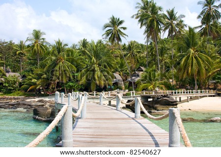 Sea and pier from palm trees