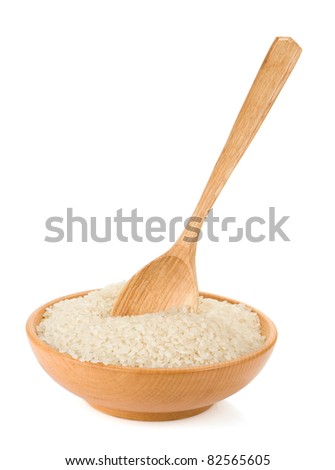 rice in plate and spoon isolated on white background