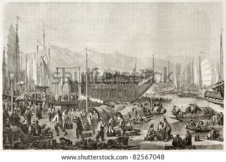The port of Shanghai, old illustration. Created by Grandsire after Trevise, published on Le Tour du Monde, Paris, 1860