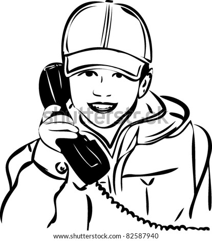 sketch of a boy wearing a cap with the handset