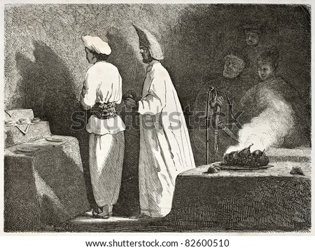 Guebre ceremony in Ateshgah temple in Baku, Georgia. Created by Moynet, published on Le Tour du Monde, Paris, 1860