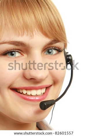 A friendly customer service girl with a headset, isolated on white, side-view