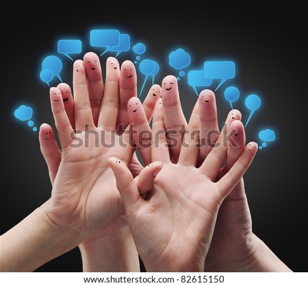 Happy group of finger smileys with social chat sign and speech bubbles