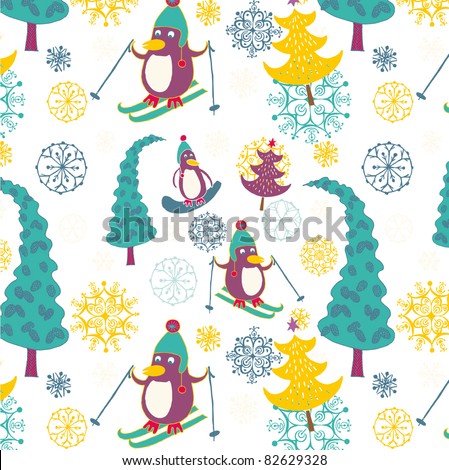 Christmas forest with cartoon penguins
