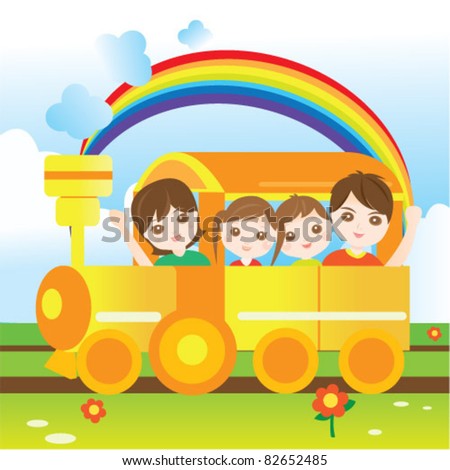 Happy family riding train