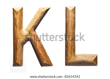 Alphabet made from wood, isolated on white background.