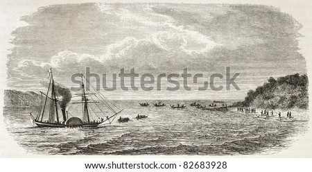 Steamer landing in Grand Andaman island, Indian ocean. Created by De Bar after Mallitte, published on Le Tour du Monde, Paris, 1860
