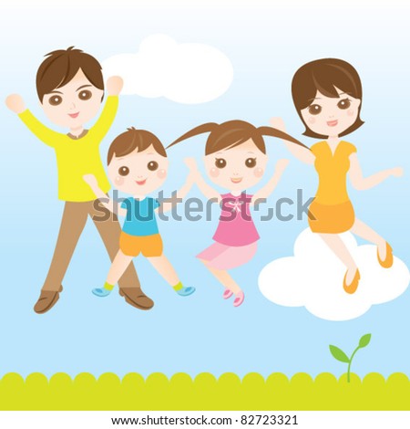 Family jumping high happily