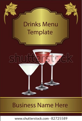 A Drinks Menu vector Template with drinks glasses on a maroon and gold background