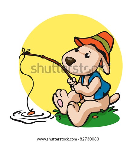 Vector illustration, cute dog fishing, card concept.