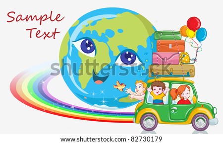Vector illustration, kids traveling around the world, card concept.
