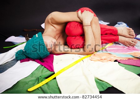 picture of funny handsome man, shopaholic concept, sale
