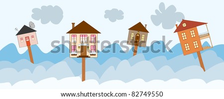 illustration of banner with four houses as signs on winter background