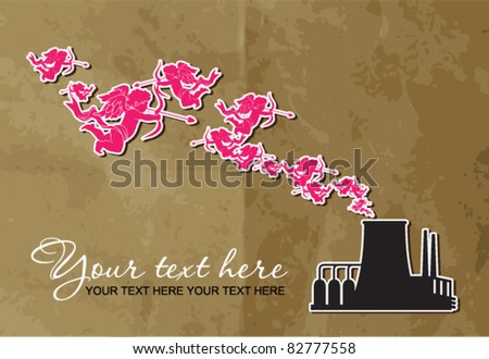 Abstract illustration of factory with cupids. Vector