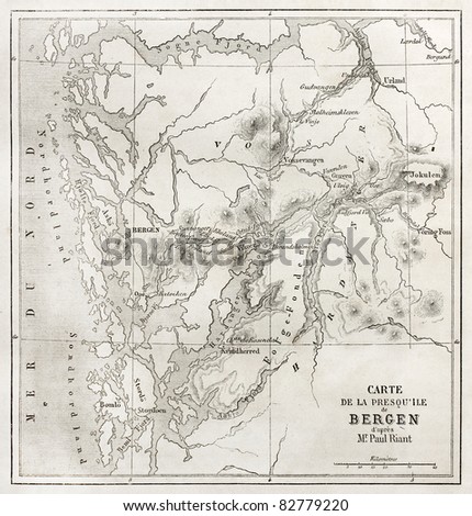 Bergen peninsula old map. Created by Vuillemin and Erhard, published on Le Tour du Monde, Paris, 1860