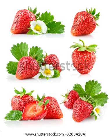 strawberry berry with green leaf and flower isolated on white background Royalty-Free Stock Photo #82834204