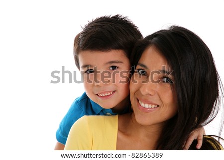 woman and son set on a white background