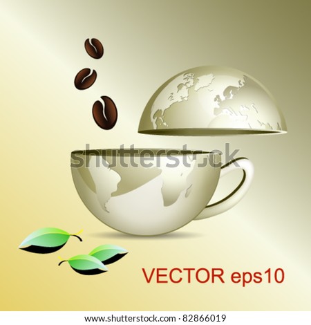 Internet cafe concept - business world map in shape of a coffee cup globe with lid, coffee beans and leaves against golden background