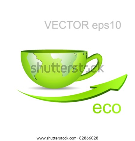 Globe in shape of a coffee cup - green earth and arrow against white background - eco business concept