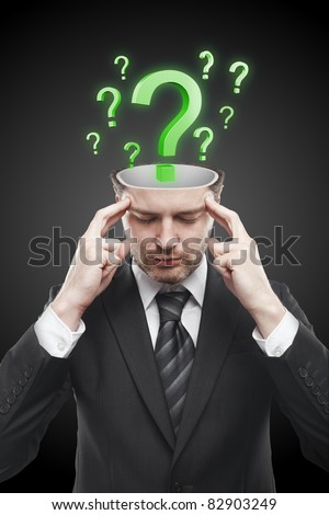 Open minded man with Green question marks inside.Conceptual image of a open minded man.