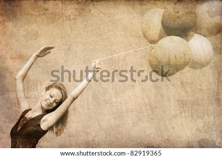 Redhead girl with balloons at blue sky background. Photo in old image style.