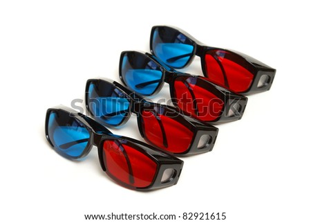 Four pair of sleek 3D glasses isolated on white.