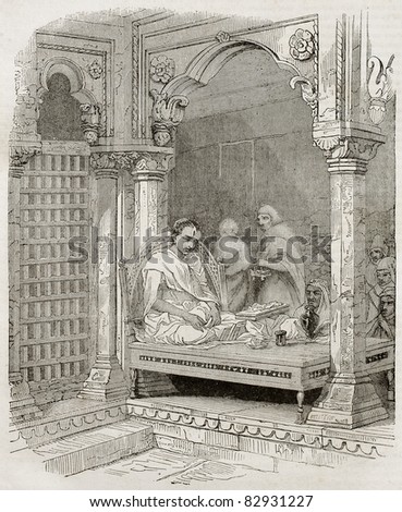 Young Brahmin in temple in Benares, old illustration. Created by Best and Francais after Prinsep. Published on Magasin Pittoresque, Paris, 1840.