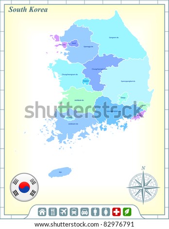 South Korea Map with Flag Buttons and Assistance & Activates Icons Original Illustration